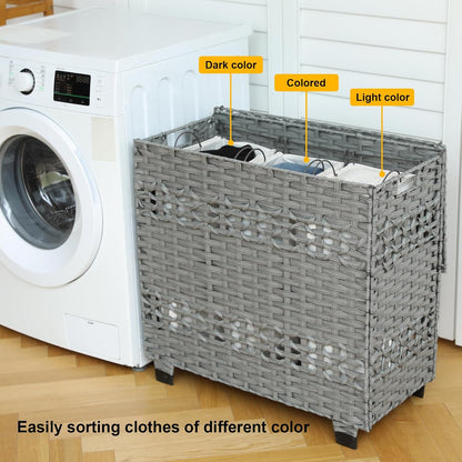OIAHOMY Laundry Hamper with Lid, 140L Clothes Hamper with 3 Removable Liner Bags, Foldable Basket with Lid, Synthetic Wicker Laundry Basket for Bedroom, 27x 13 x 26 Inches, Yellow
