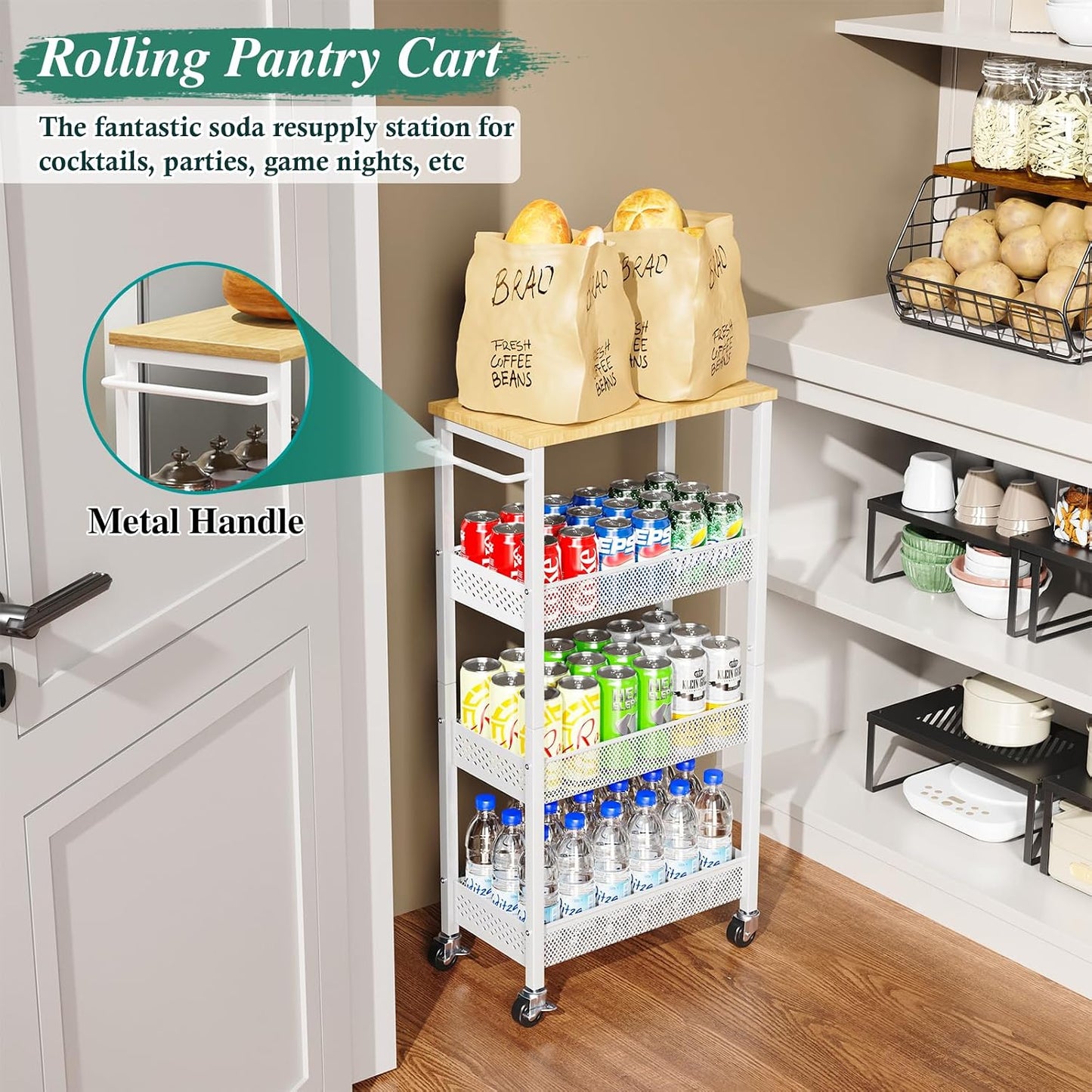 OKZEST Utility Slim Storage Cart, 4 Tier Small Rolling Kitchen Laundry Room Cart with Wood Top, Metal Narrow Bathroom Storage Cabinet Mobile Shelf Unit Organizer Trolley with Handle for Narrow Space