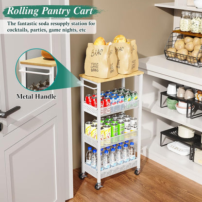 OKZEST Utility Slim Storage Cart, 4 Tier Small Rolling Kitchen Laundry Room Cart with Wood Top, Metal Narrow Bathroom Storage Cabinet Mobile Shelf Unit Organizer Trolley with Handle for Narrow Space