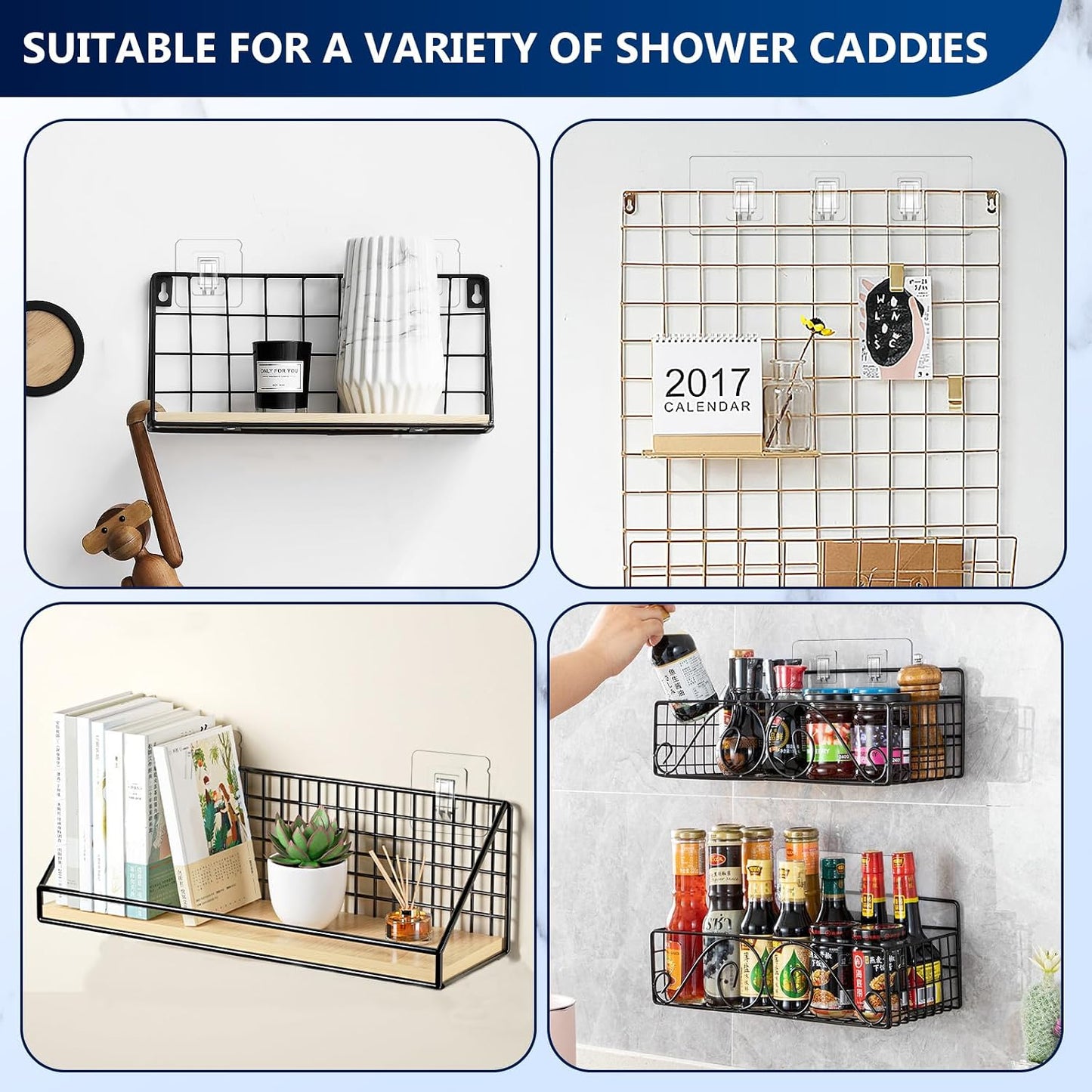 14 Pack Heavy Duty Shower Caddy Adhesive Replacement, 55 LB Hold | Up to 55 LB hold; Waterproof Shower Shelf Adhesive in 3 Hook Styles for Caddies, Shelves, Soap Holders and Racks.