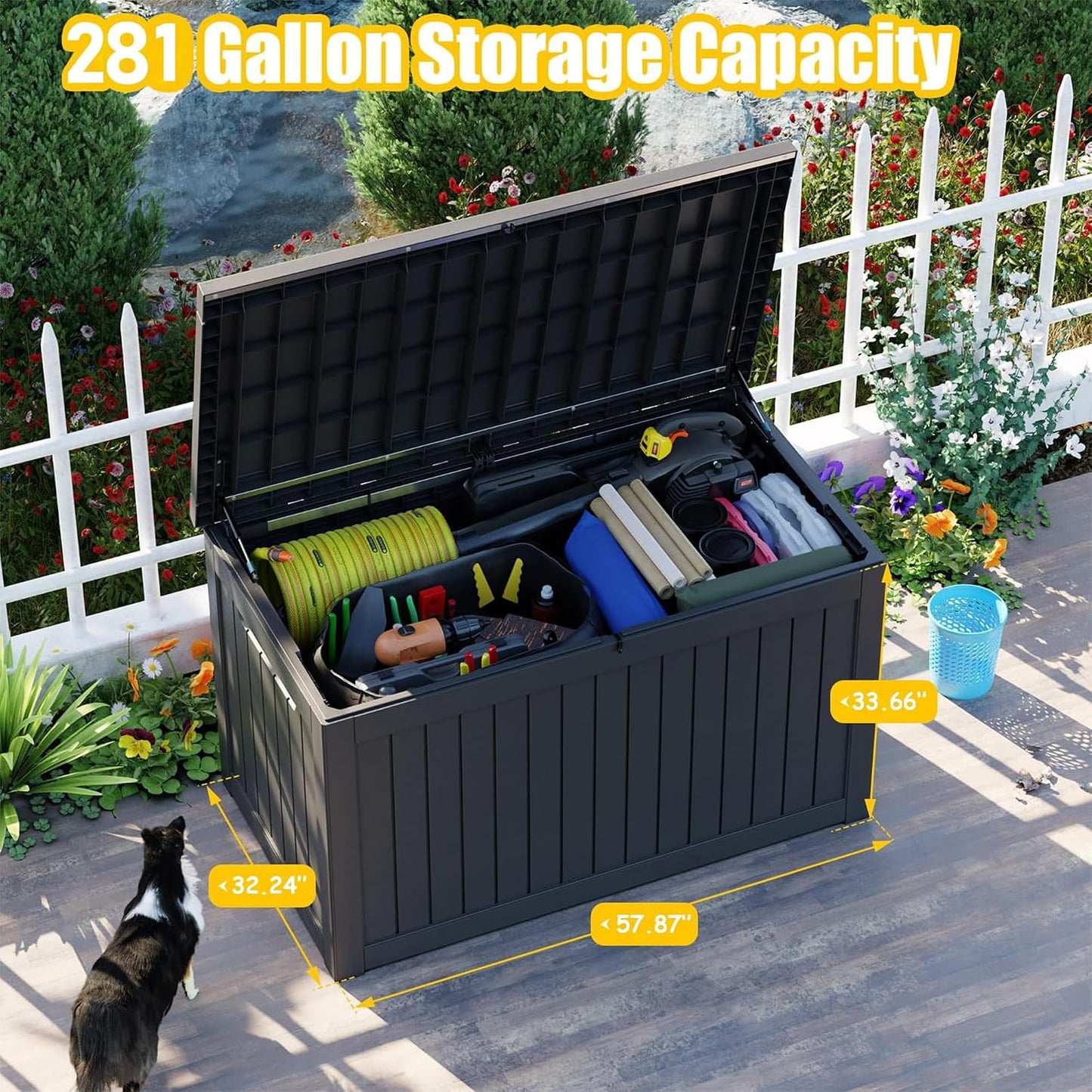150 Gallon Waterproof Outdoor Storage Box,Resin Deck Box,Lockable Outside Storage Box Container for Patio Furniure,Garden,Tools (150 Gallon,Black)