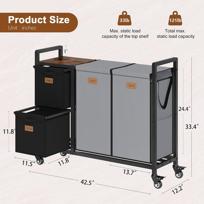 Hoctieon 4 Section Laundry Cart, 48 Gal. (182L) Laundry Hamper with Lid, Laundry Basket with Wheels, Rolling Laundry Sorter Organizer with Shelf, Clothes Separator with Removable Bags, Black
