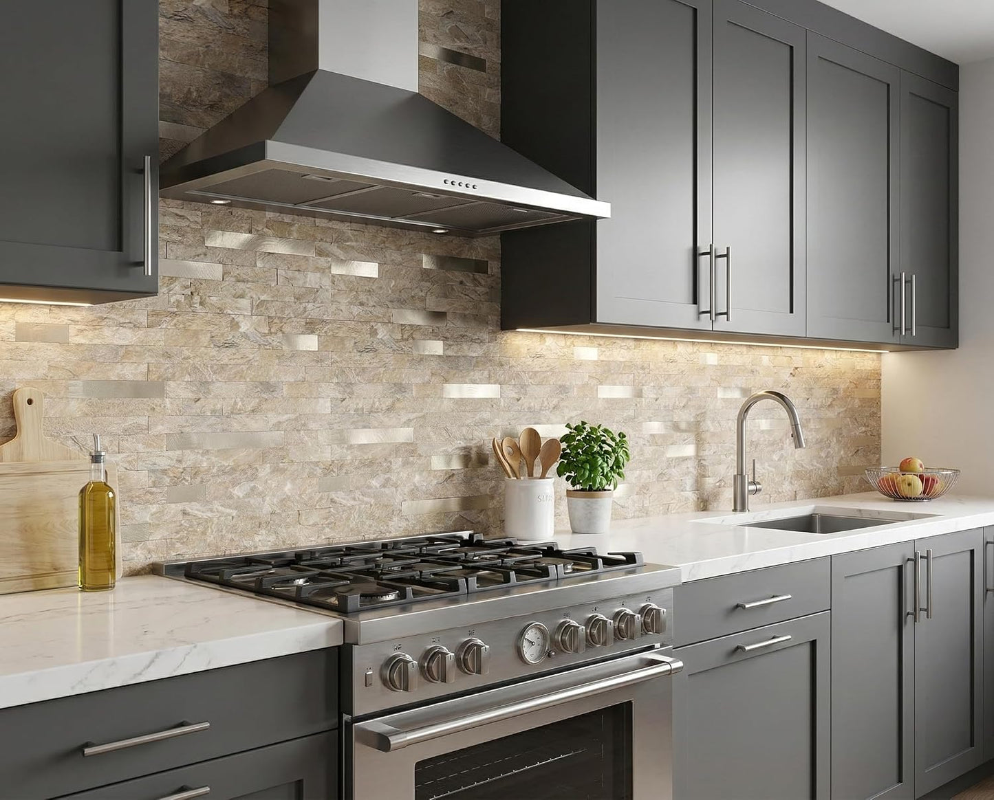 Yipscazo 2026 New Upgrade 11.34" X 11.57" Peel and Stick Backsplash, Stick on Backsplash Tiles for Kitchen, Bathroom, Fireplace (10 Sheets, Beige Rocks + Rose Gold)
