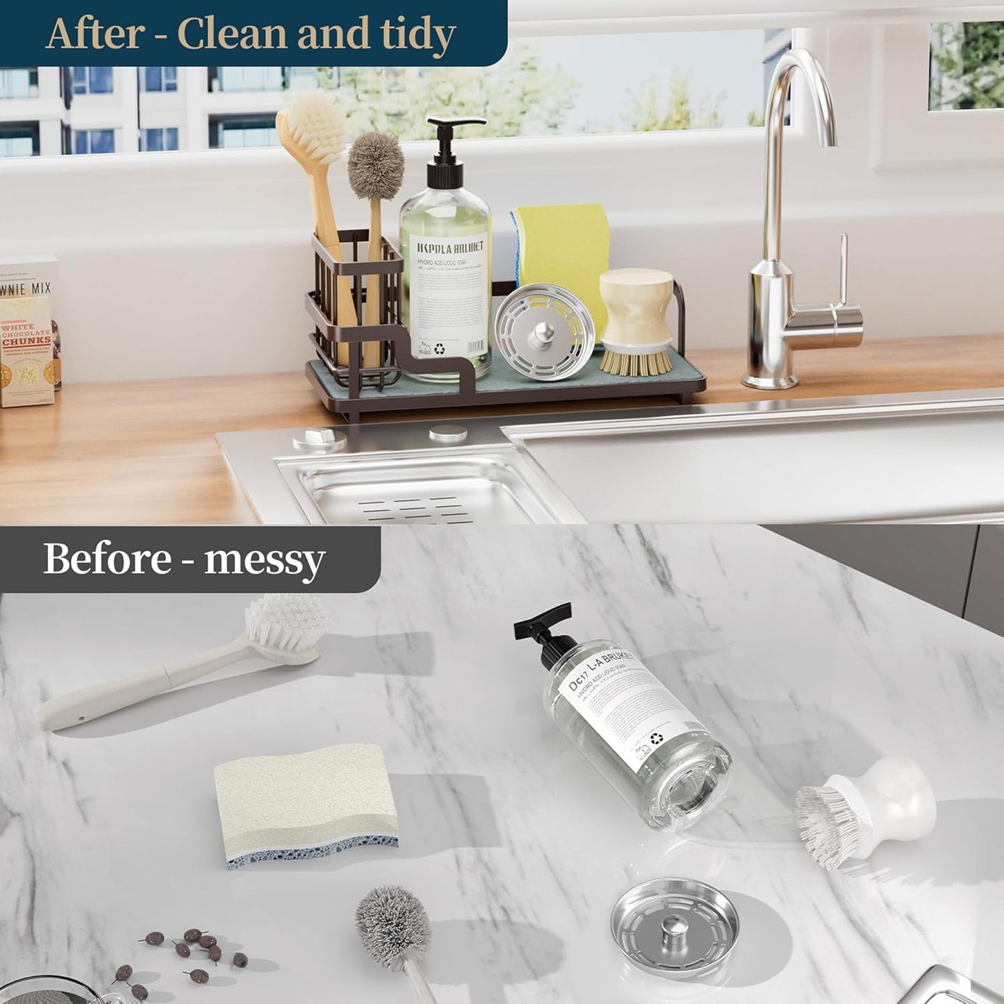 Consumest Sponge Holder for Kitchen Sink - Sink Caddy Organizer with Water Absorbing Stone Tray, Detachable Brush Holder, Stainless Steel Kitchen Counter Organizer Rack, Black