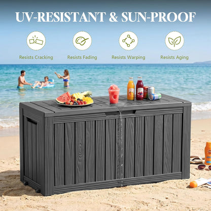 Waterproof Outdoor Storage Box Outside Deck Box Lockable Resin Bench UV Resistant Furniture Cushion Pool Tool Float Bin Patio Garden Porch (Black, 120 Gallon)