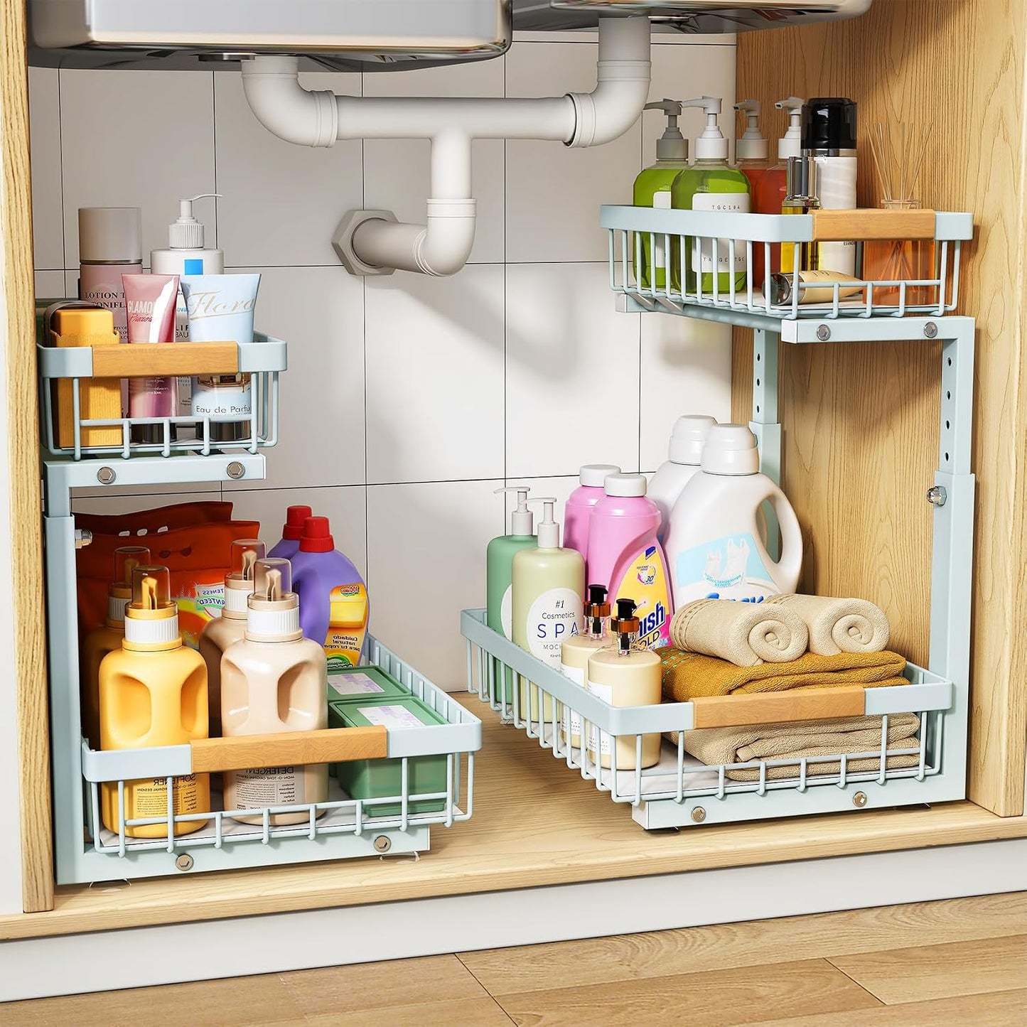 PXRACK Under Sink Organizer, Adjustable Height, 2 Tier Pull Out Under Cabinet Organizer, Slide Out Thickened Metal Under Sink Storage for Kitchen Bathroom Laundry Pantry Cabinet, White, Large-1-Pack