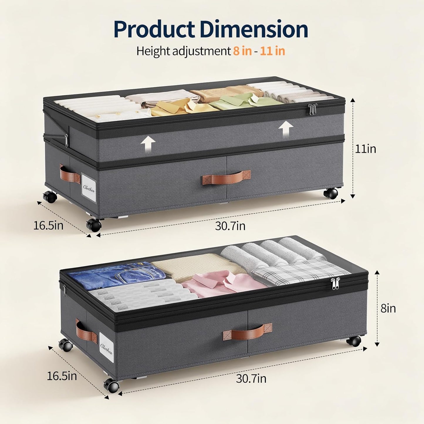 Yecaye 90L Under Bed Storage with Wheels, 8 in-11 in Height Adjustable Under Bed Storage Containers, Under Bed Shoe Storage with Lids & Label, Rolling Underbed Storage bins for Clothes, Toys, Grey