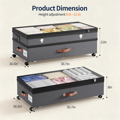 Yecaye 90L Under Bed Storage with Wheels, 8 in-11 in Height Adjustable Under Bed Storage Containers, Under Bed Shoe Storage with Lids & Label, Rolling Underbed Storage bins for Clothes, Toys, Grey