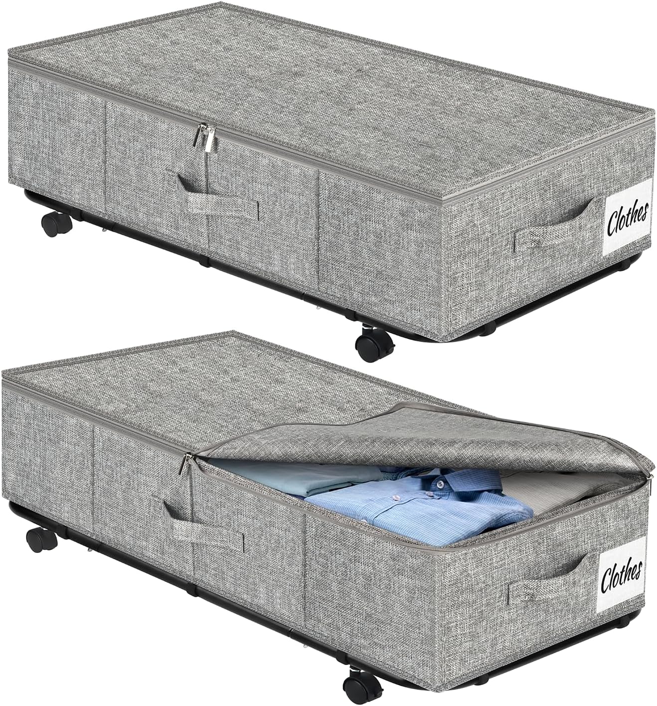 Under Bed Storage with Wheels, 2-Pack 10" Height XXL 75L Rolling Storage Bins, Quick Assembly Underbed Shoe Storage Containers with Clear Lid & Label, Dorm Under Bed Drawers for Clothes, Shoes, Black