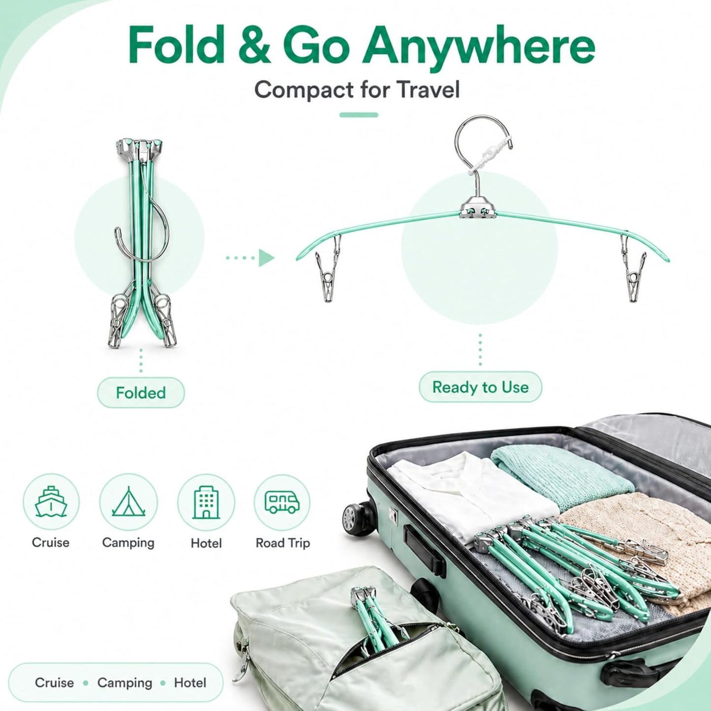 ROOM127 Travel Hangers with Clips, 5 Pack Foldable Stainless Steel Hangers | Windproof Non-Slip Portable Clothes Hangers for Cruise, Camping, RV, Hotel, Suitcase, Silver