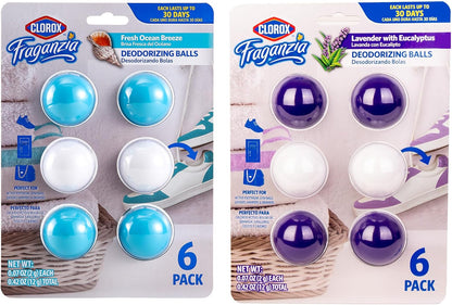 Clorox Fraganzia Deodorizing Balls Bundle - Battery-Free Odor Eliminators for Shoes, Gym Bags, Closets, Lockers, Hampers & Drawers, Fresh Ocean Breeze and Lavender with Eucalyptus, 6 Count Each