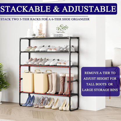 Long Shoe Rack, 3-Tier Stackable Shoe Organizer for Closet, Entryway, Hallway, Extra Bottom Layer, Holds 16-20 Pairs, Sturdy & Durable Waterproof Fabric Shelf, Space-Saving,Black(35.8" Wide)