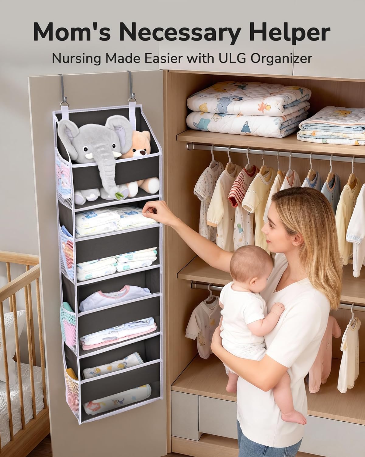 ULG Over the Door Organizer, 5-Tier Extra Large Hanging Storage with 10 Mesh Pockets, 100 lbs Capacity, Heavy Duty Door Organizer for Closet, Bedroom, Nursery Storage, Beige