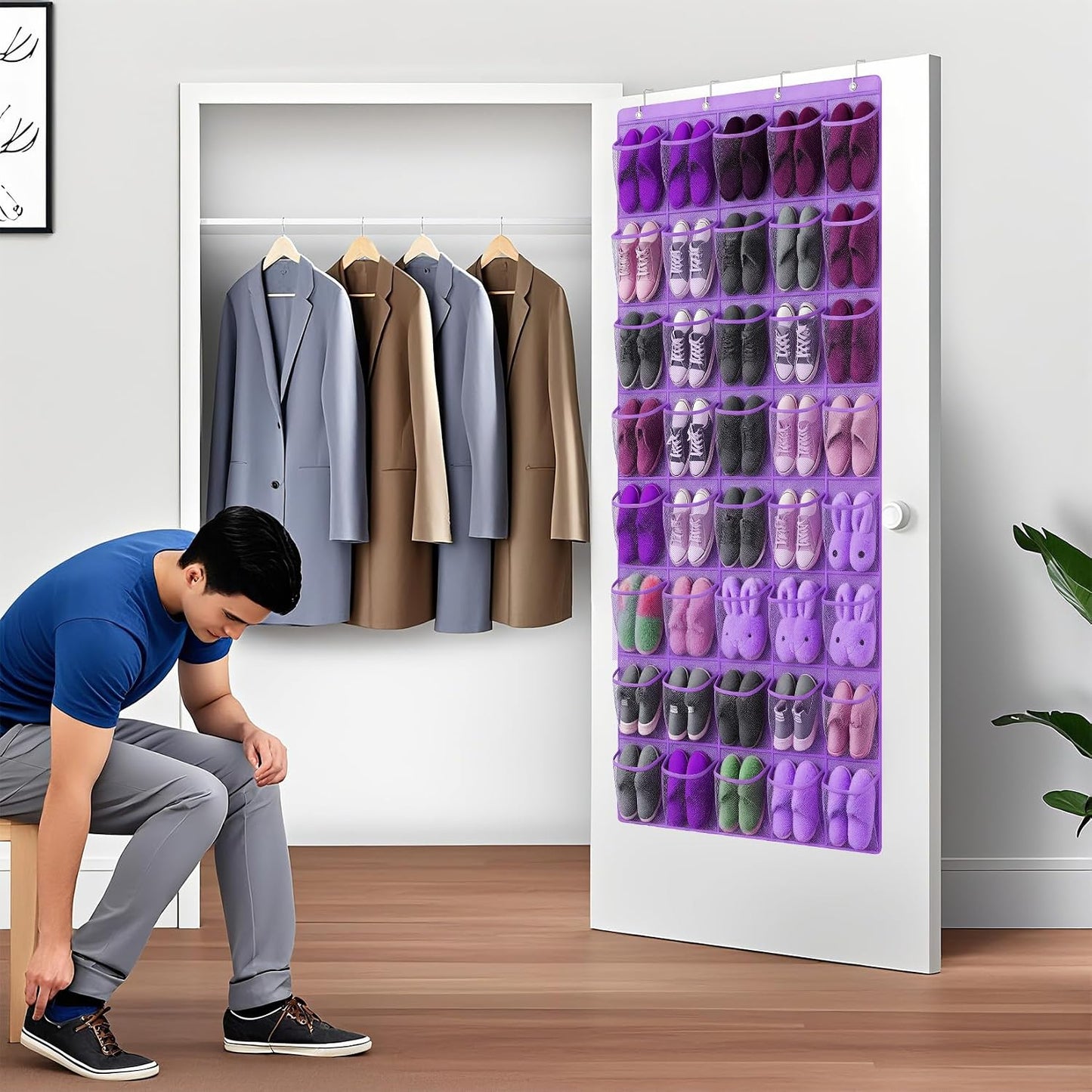 40 Large Mesh Pocket Over the Door Shoe Organizer,Hanging Shoe Rack for Door,Hualleko Shoes Organizer Hanger with Large Capacity, Shoes Storage Holder Sturdy Non-woven Fabric - Stores 20 Pairs (White)