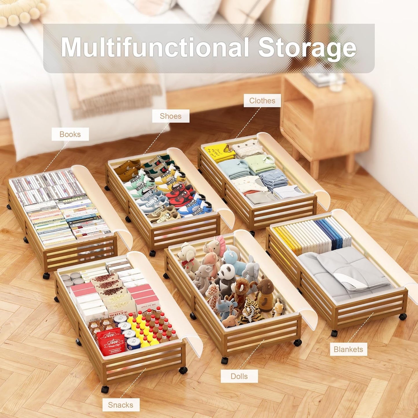 Under Bed Storage Containers With Wheels - 2 Pcs Bamboo Wood Rolling Underbed Shoe Storage Bins With Dust Bags for Clothes Blankets, Duvet Covers Snacks Toys (Natural)