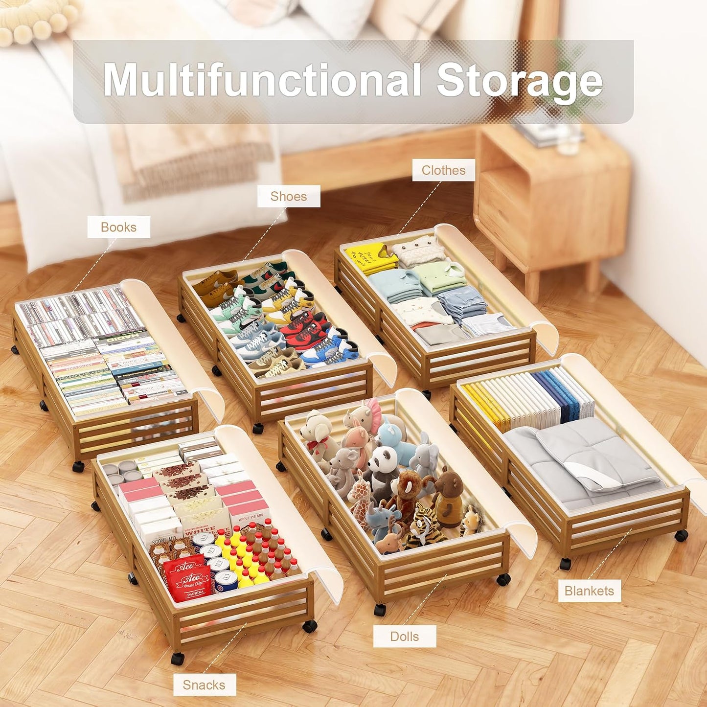 Under Bed Storage with Wheels-Large Bamboo Underbed storage Containers with Large Dust Bag Stackable Under the Bed Shoe Storage Bins for Clothes Books Bedding (2 Packs Nature, 23.62"L×16.54"W× 6.51"H)