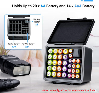 JJC 44 Slots AAA Triple A Battery Case Holder with Removable Battery Tester, Water-Resistant & Shockproof AAA Battery Storage Box Organizer