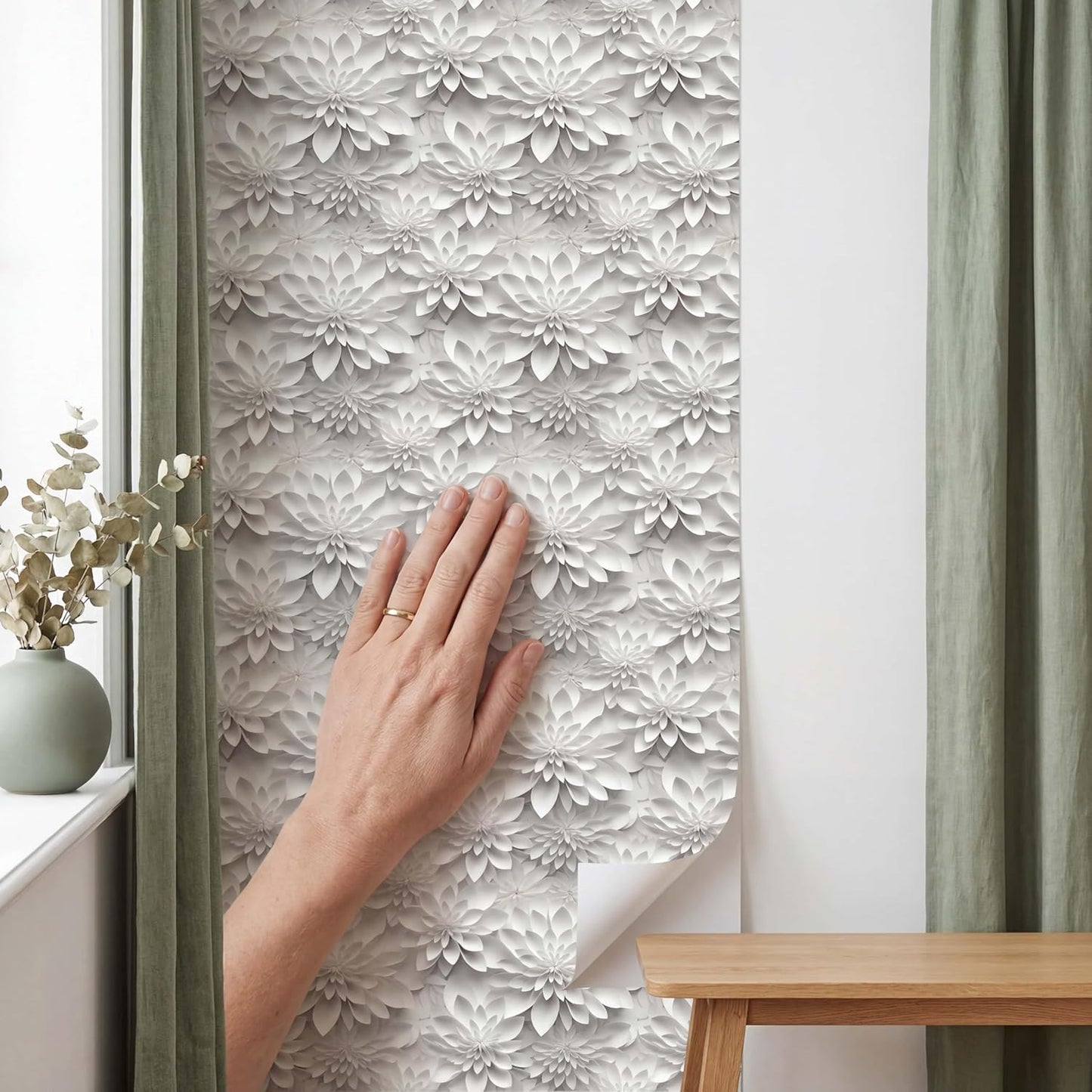 Floral Peel and Stick Wallpaper 3D Effect Interior Wall Décor Contact Paper Self Adhesive Removable Renter Friendly for Bedroom Living Cabinet Room 17.7in x 9.8ft (Not Textured Wallpaper
