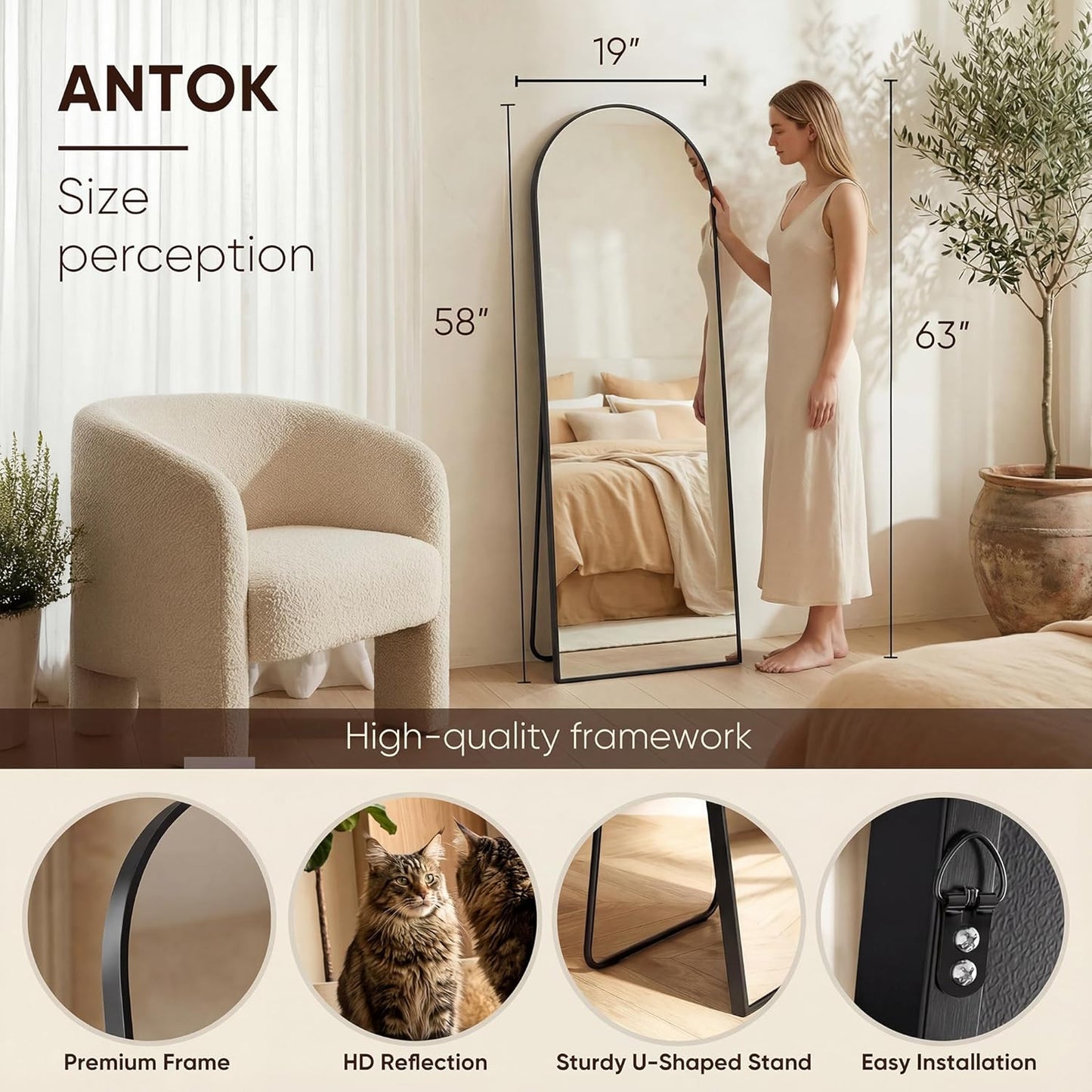 Antok 58" x19” Arched Full Length Floor Mirror, Gold Aluminum Frame, Free Standing/Wall Mount/Leaning for Bedroom, Living Room, Dressing Room