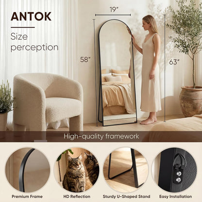 Antok 58" x19” Arched Full Length Floor Mirror, Gold Aluminum Frame, Free Standing/Wall Mount/Leaning for Bedroom, Living Room, Dressing Room