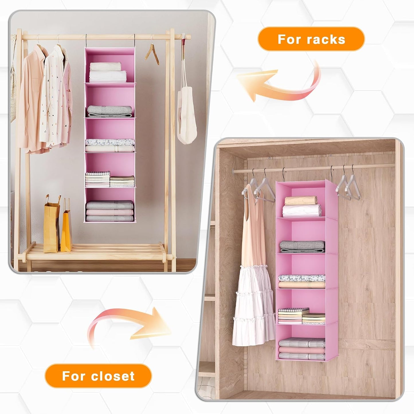 Hanging Closet Organizer 3-Shelf, Oxford Fabric Wardrobe Storage, Gray | Easy-mount foldable design holds clothes, handbags, shoes & accessories; washable Oxford fabric, sturdy and space-saving.