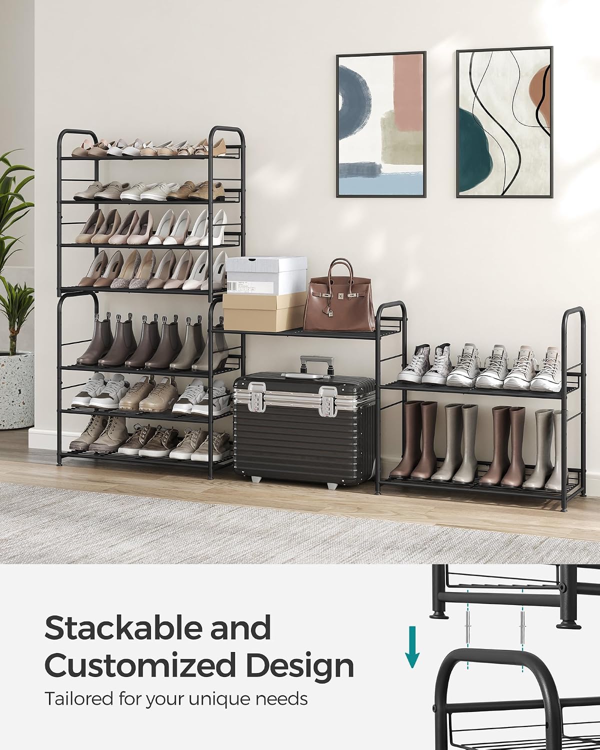 SONGMICS Stackable Shoe Rack, 4 Tier Metal Shoes Rack Storage Shelf, Holds up to 16 Pairs Shoes, Adjustable Slanted Shelves Shoe Tower Organizer for Closet Entryway Small Spaces, Black