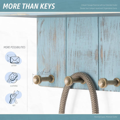 Rebee Vision Small Key Holder Wall Mount for Farmhouse Decor - Key and Mail Holder for Wall with Shelf and 4 Key Hooks - Room Decor Aesthetic (Distressed Blue)