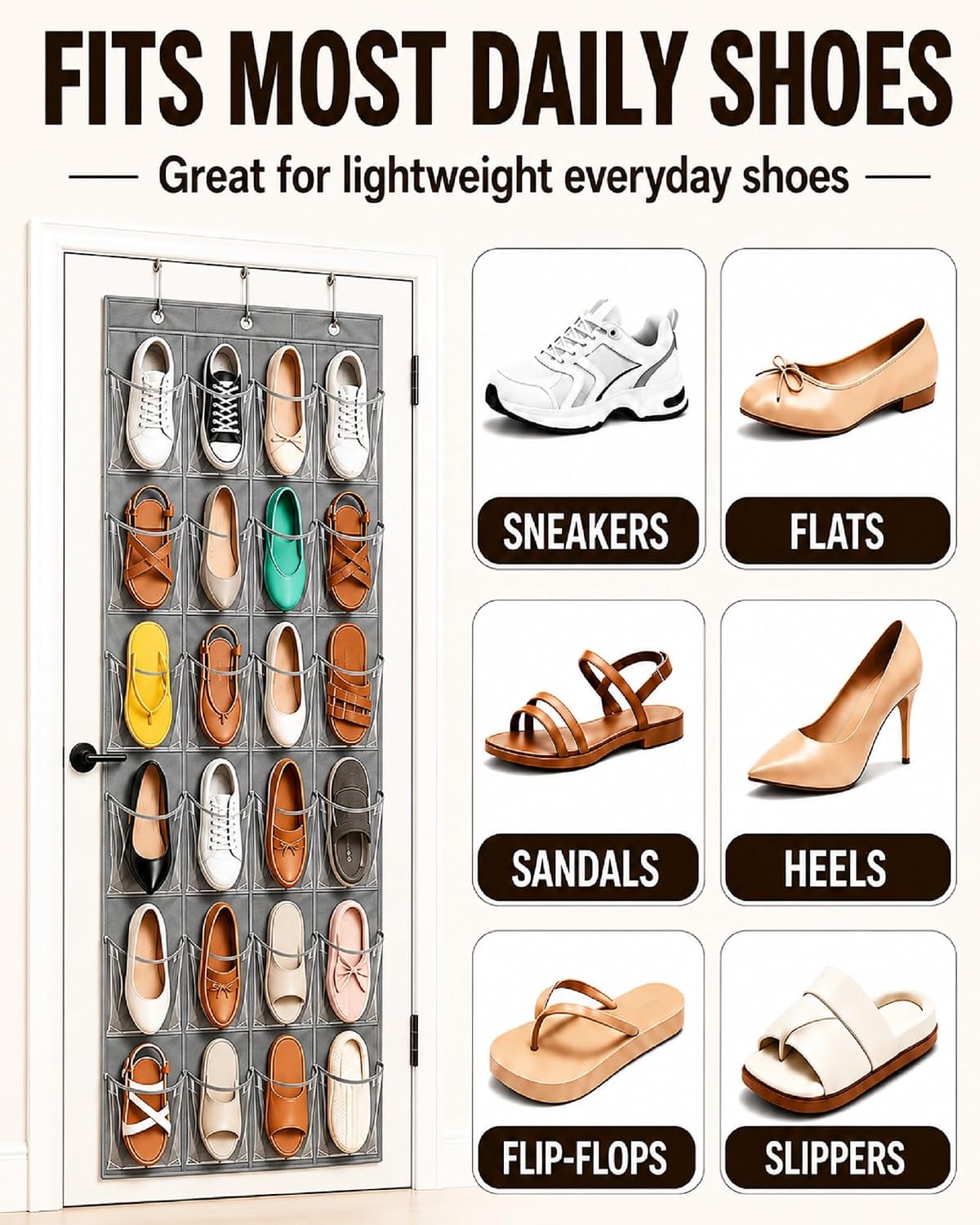Over the Door Shoe Organizer with 24 Crystal Clear Pockets and Metal Hooks – Heavy Duty Hanging Shoe Storage Rack for Closet, Bathroom, Dorm – Space Saving for Shoes, Accessories, Toys (White)