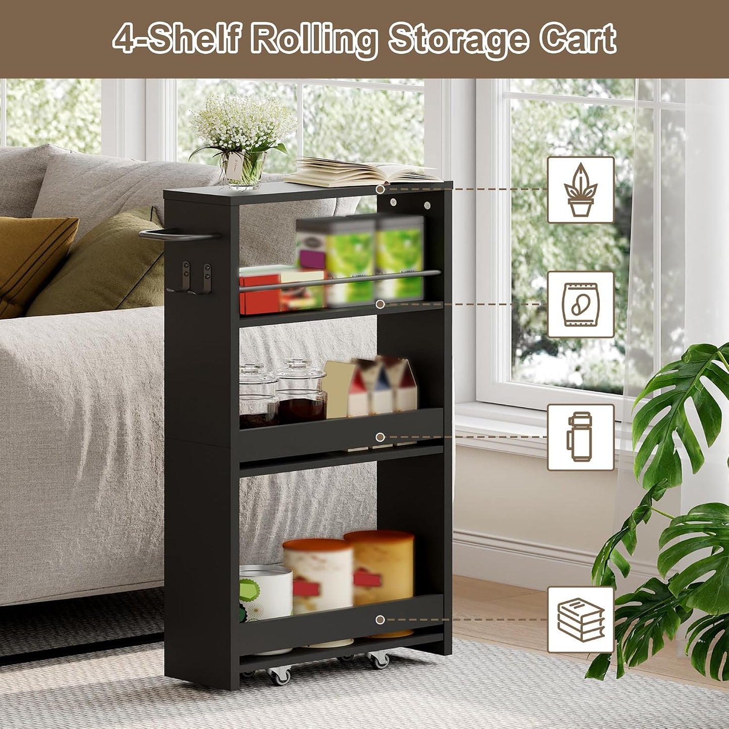 ChooChoo 4-Tier Slim Storage Cart, 7.87 inches Wide Narrow Storage Cabinet with 360° Wheels and 2 Hooks, Space-Saving Organizer for Kitchen, Narrow Places, Dining Room, Walnut+White