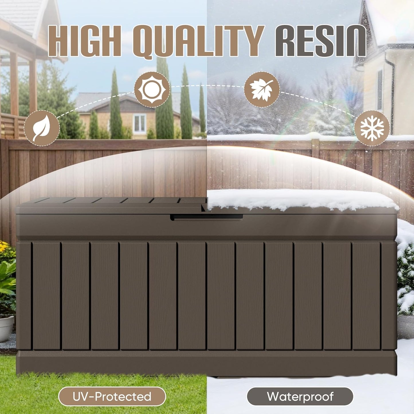JUMMICO 31 Gallon Resin Deck Box Waterproof Indoor Outdoor Storage Boxes for Patio Furniture Cushions and Garden Tools (Brown)