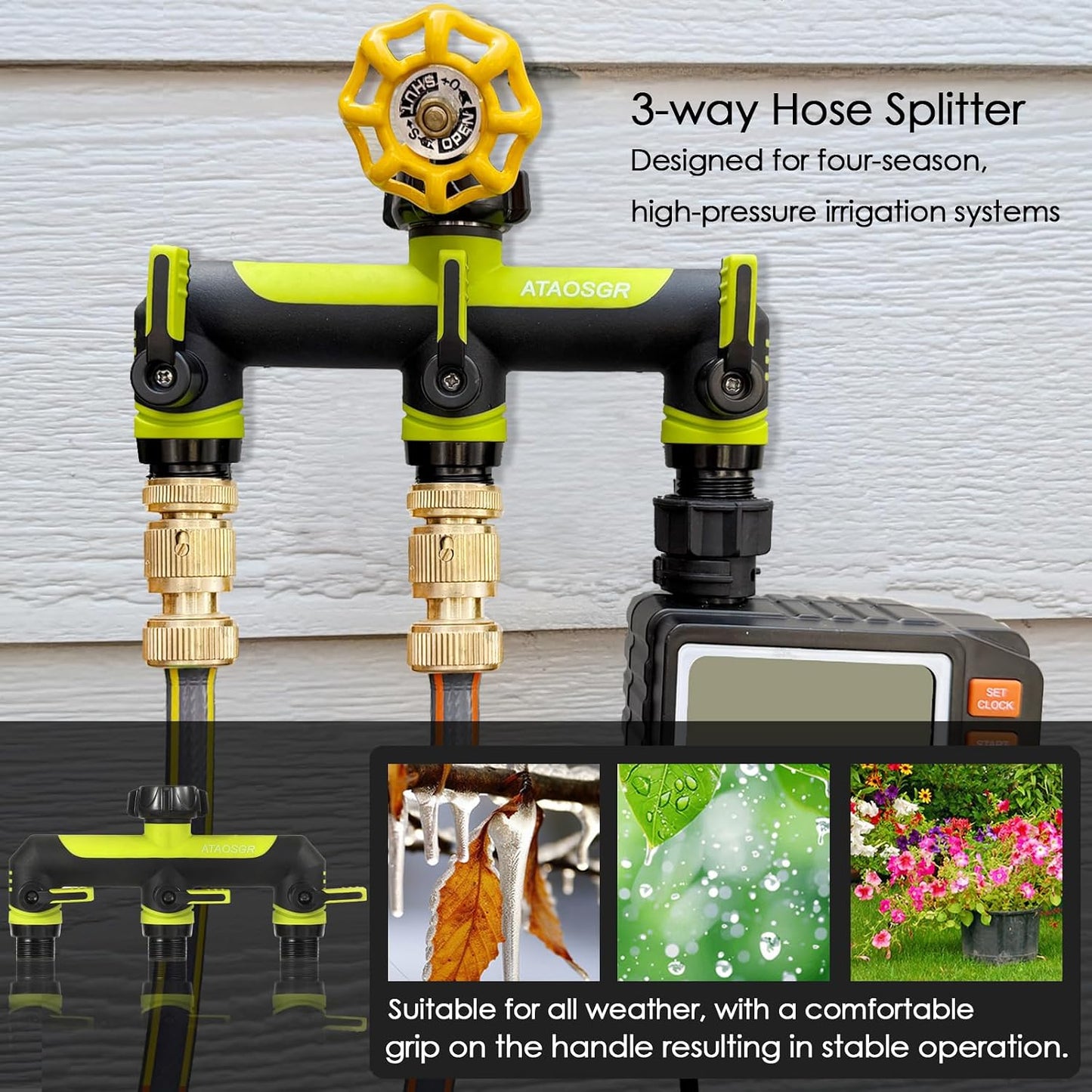 ATAOSGRGarden Hose Splitter 3 Way, 3/4" Outdoor Faucet Splitter, Tap Connector with On/Off Valves and Extended Handle, Tap Adapter Garden Hose Connector for Garden Outdoor Home - Greens