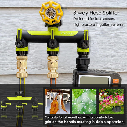 ATAOSGRGarden Hose Splitter 3 Way, 3/4" Outdoor Faucet Splitter, Tap Connector with On/Off Valves and Extended Handle, Tap Adapter Garden Hose Connector for Garden Outdoor Home - Greens