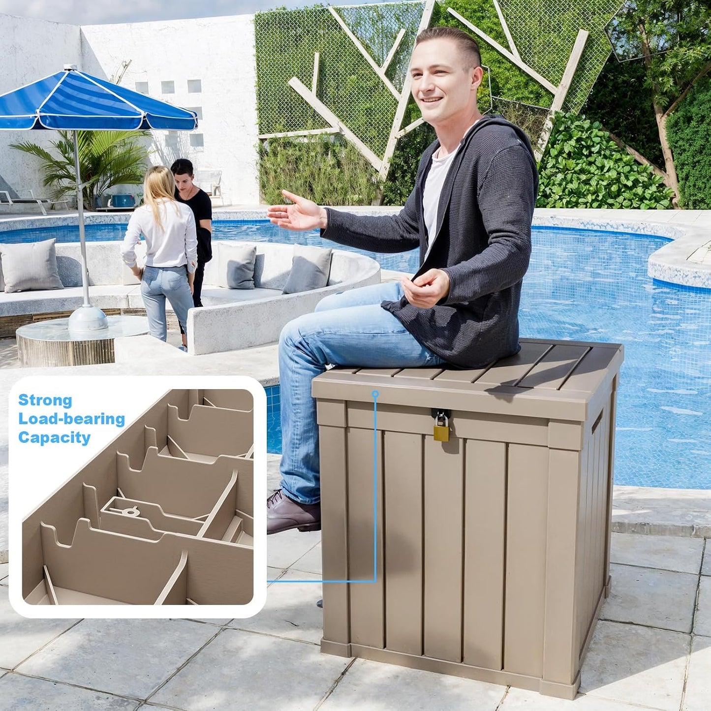ROJIK 120 Gallon Waterproof Outdoor Deck Storage Box, Lockable Resin Patio Storage Bin with Lid for Garden Tools, Patio Cushions & Outdoor Accessories(Black)