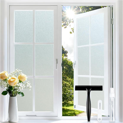 rabbitgoo Frosted Glass Window Privacy Film, No Glue, Anti-Glare Heat Blocking, Easy to Install, Renter Friendly Removable Opaque Bathroom Window Clings for Glass, 17.5" x 78.7"