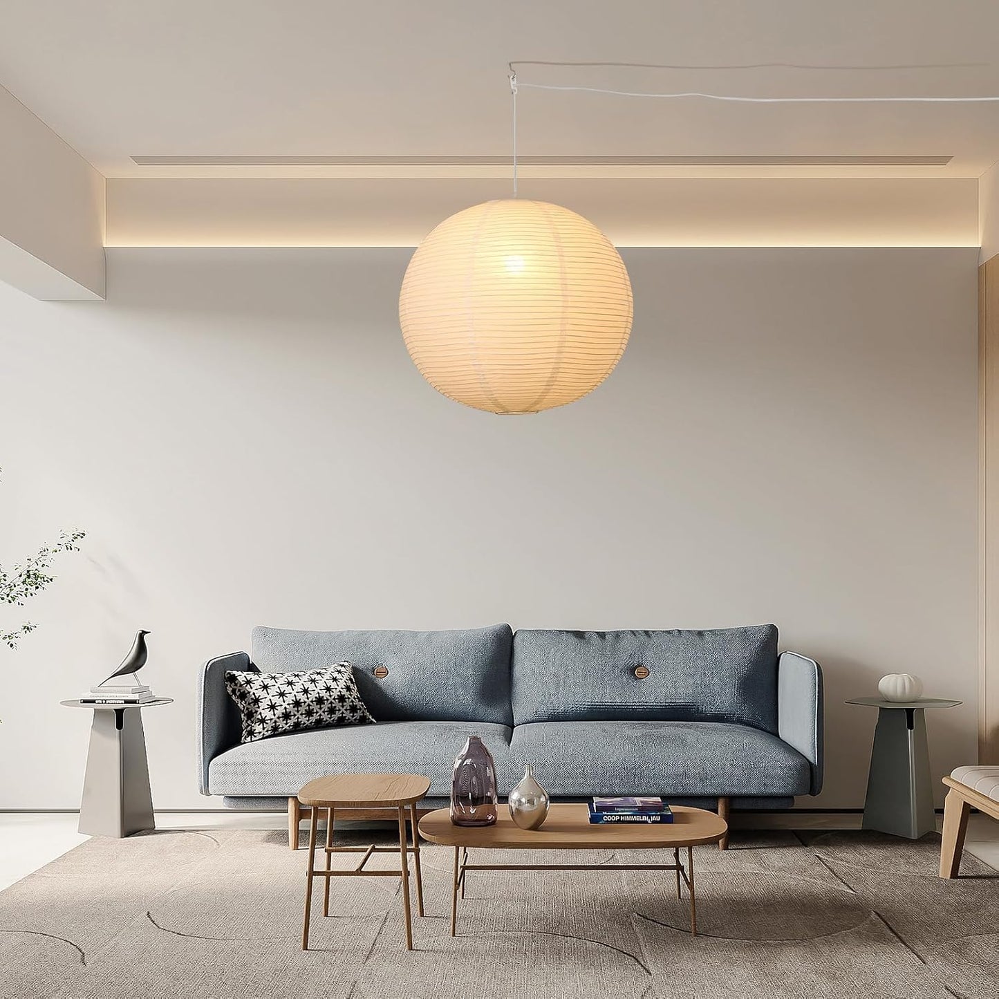Paper Lantern Lamp Plug in Hanging Lamp 23.6in Off-White Rice Paper Pendant Light with 19.7FT Cord Large Globe Japanese Japandi Wabi Sabi Chandelier for Dining Living Room Bedroom 1 Pack