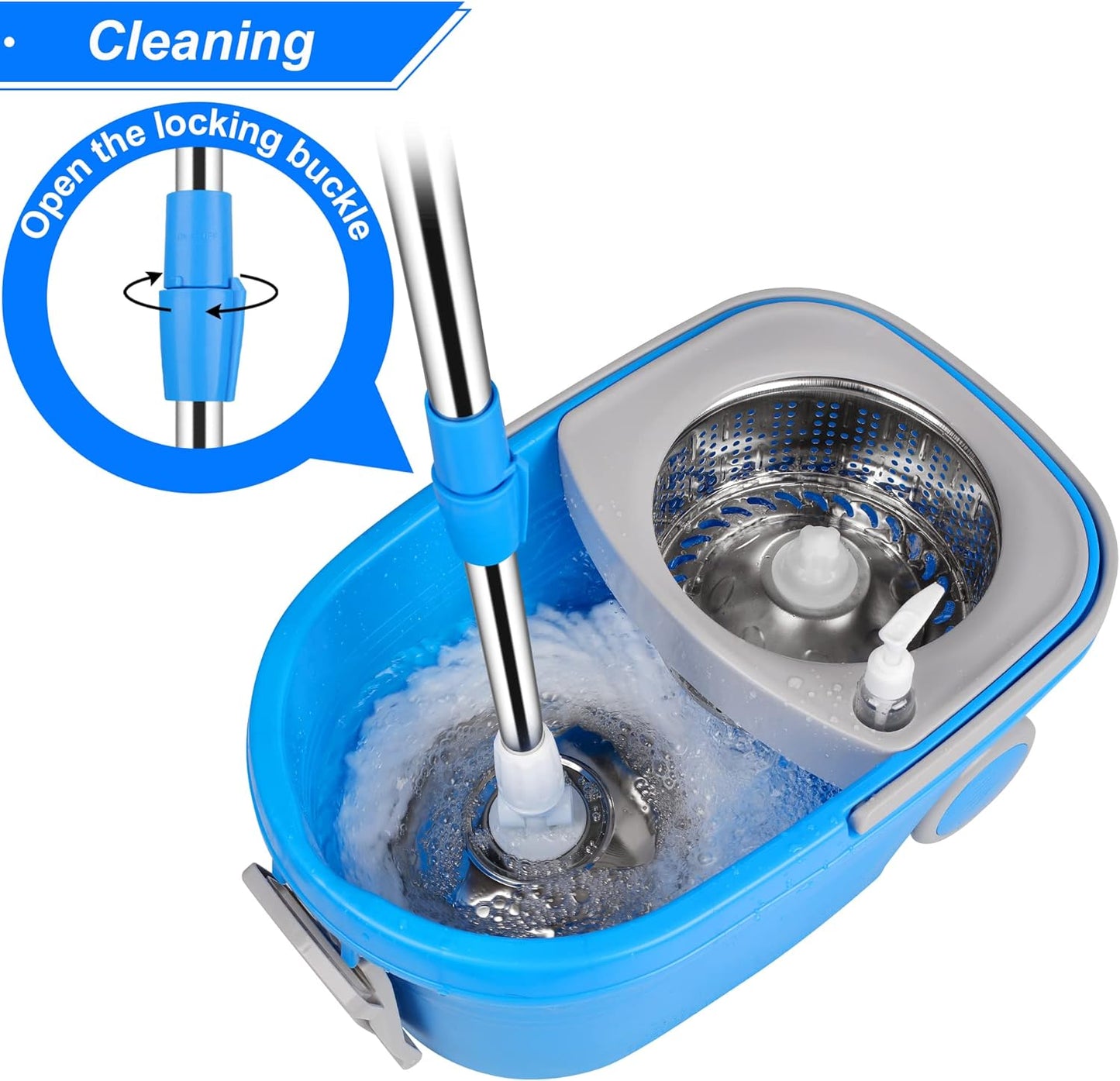 Spin Mop and Bucket with Wringer Set, 360° Spinning Mop Bucket System with 3 Microfiber Mop Replacement Heads and 61" Stainless Steel Adjustable Handle for Floor Cleaning