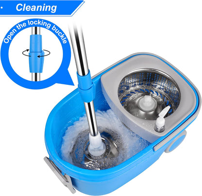 Spin Mop and Bucket with Wringer Set, 360° Spinning Mop Bucket System with 3 Microfiber Mop Replacement Heads and 61" Stainless Steel Adjustable Handle for Floor Cleaning