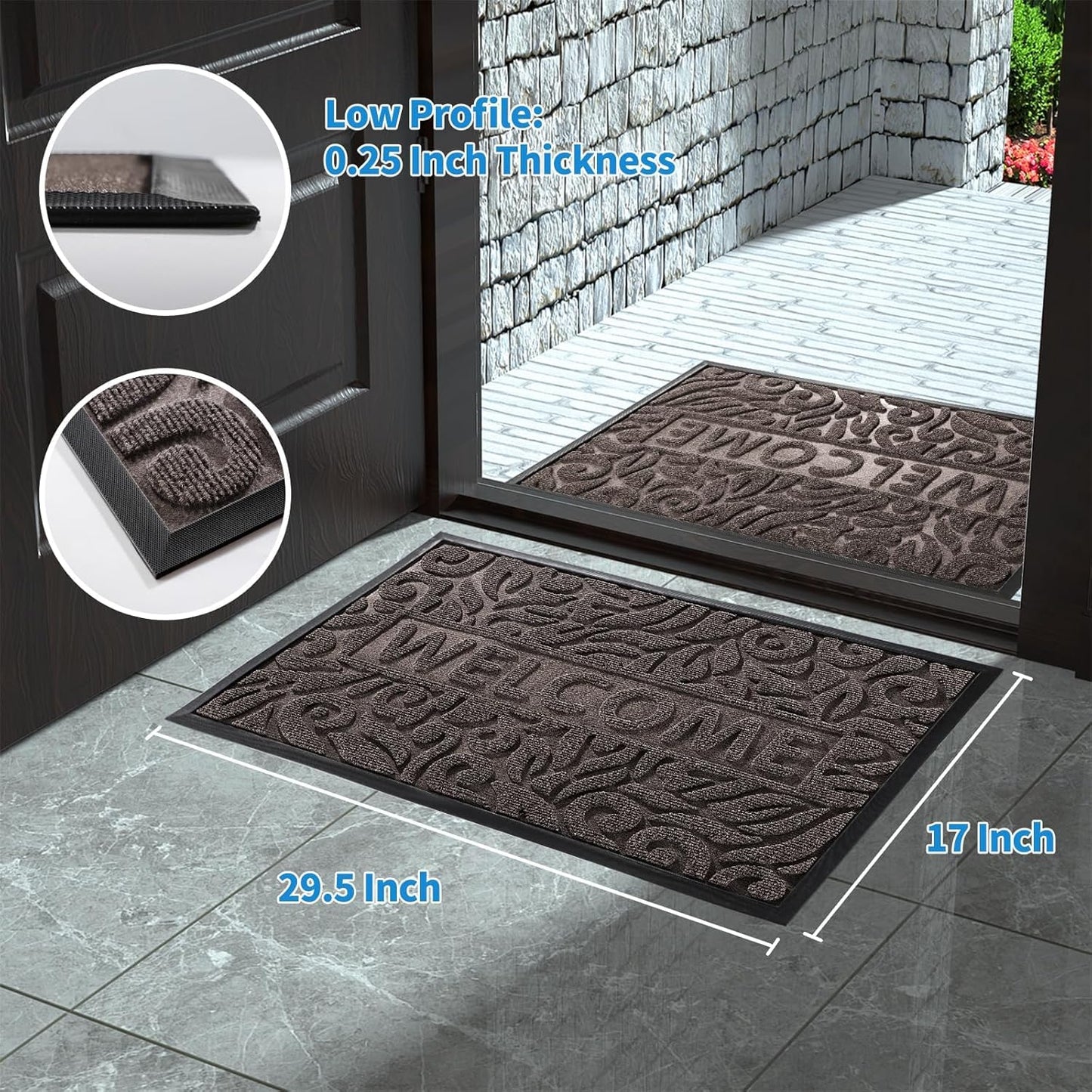 Yimobra Welcome Mat Outdoor 29.5x17, Waterproof Non-Slip Outdoor Mats for Front Door Outside Entrance, Low-Profile Entryway Mat Indoor for Garage Patio, Black