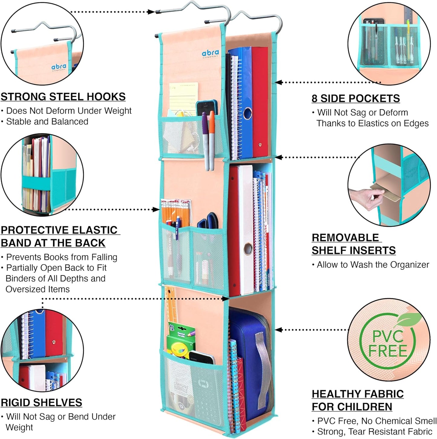 ABRA® 3 Shelf Hanging Locker Organizer for School, Gym, Work, Storage | Deep Shelves 6”x 9”| Eco-Friendly Fabric Healthy for Children | Adjustable School Locker Shelf 3 to 2 Shelves (Pink)