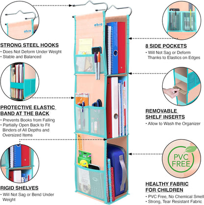 ABRA® 3 Shelf Hanging Locker Organizer for School, Gym, Work, Storage | Deep Shelves 6”x 9”| Eco-Friendly Fabric Healthy for Children | Adjustable School Locker Shelf 3 to 2 Shelves (Pink)