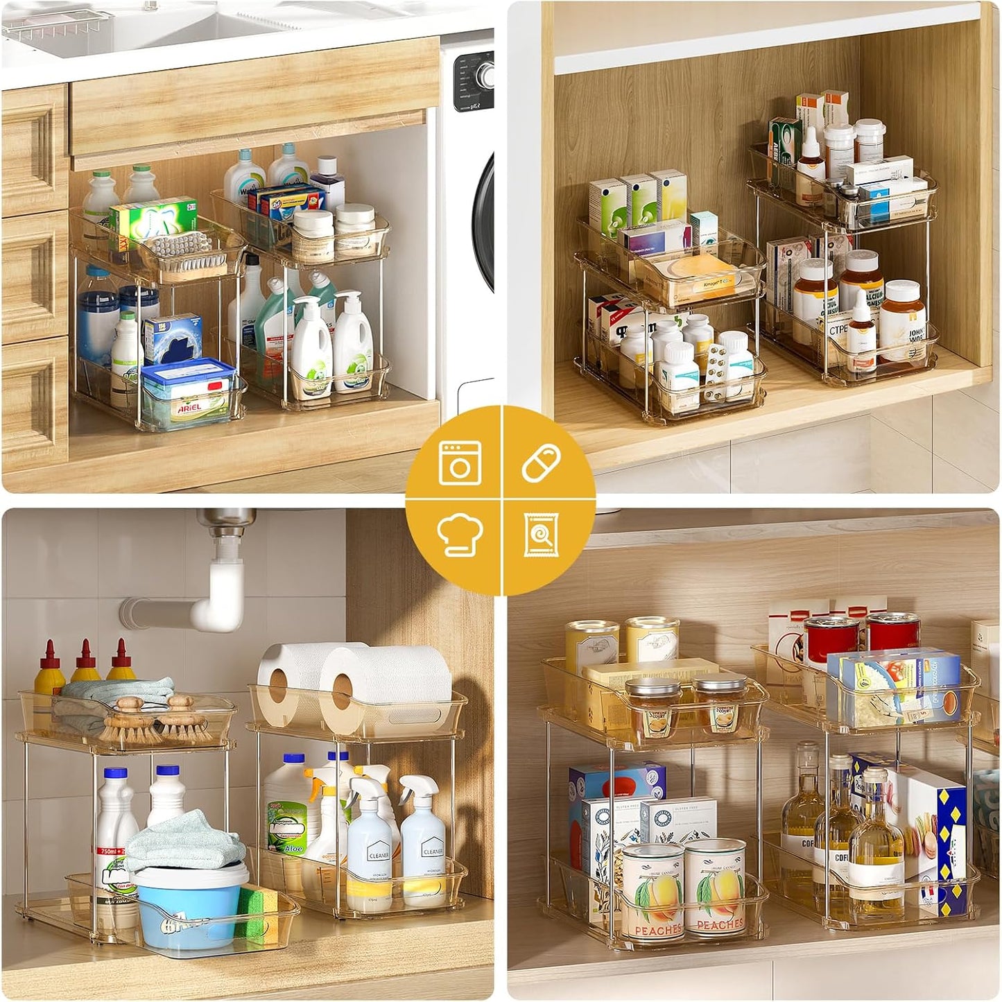 Delamu 2-Tier Under Sink Organizers and Storage, Multi-Purpose Stackable Bathroom Cabinet organizers, Pull Out Kitchen Pantry Organization and Storage with Dividers(2 Pack, Clear)