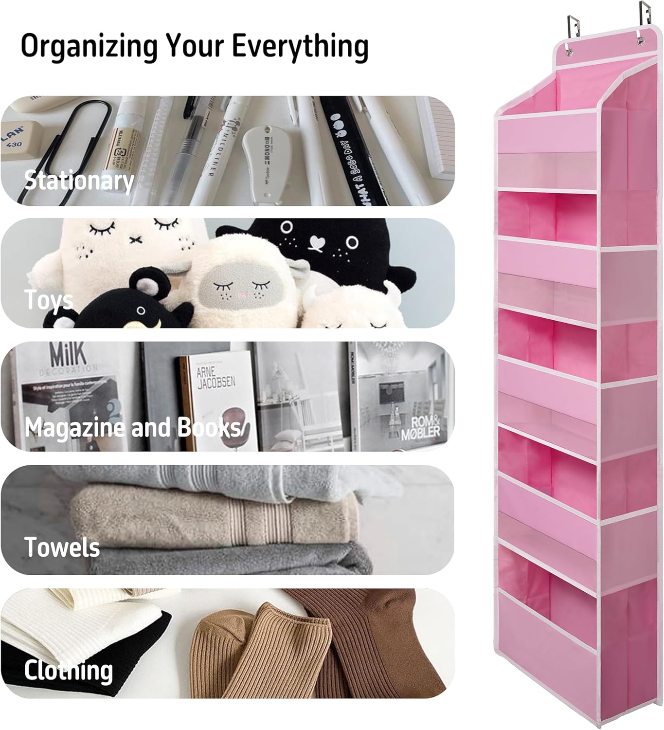 TYMENSH White Over Door Organizer with 5 Large Clear Pockets and 6 Side Mesh Pockets, Anti-Tilt Hanging Door Storage for Nursery, Bathroom, Closet, Bedroom, Dorm, Toys