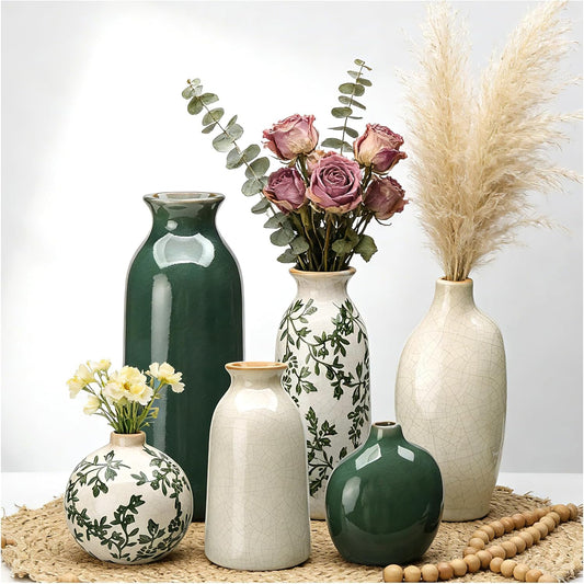 Ceramic Vase Set of 6，Flower Vases for Bouquet，Small Vases for Pampas Grass | Vintage Vase for Centerpieces,Home Decor,Kitchen Decor,Ceramic Vases for Chinoiserie,Shelf Decor, Table, Living Room Bedroom