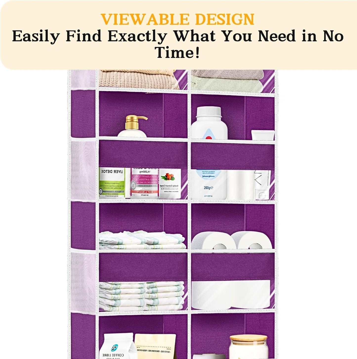 Over The Door Organizer, 5-Tier Extra Large Behind Door Storage with 10 Big Front & 10 Mesh Pockets, 80lb Capacity, Hanging Storage Organizer with Clear Window Kids Toys, Shoes, Diapers, Light Grey
