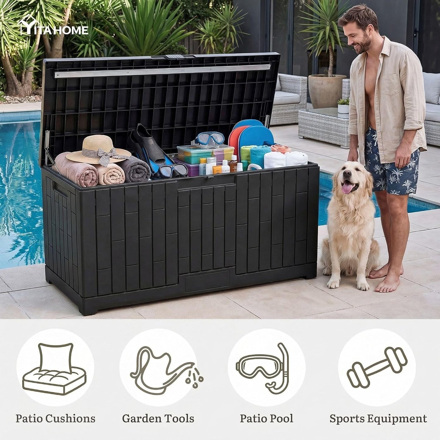 YITAHOME 31 Gallon Outdoor Storage Deck Box | Waterproof Resin Package Delivery and Storage Box with Lockable Lid for Patio Furniture Cushions, Pool Accessories, Garden
