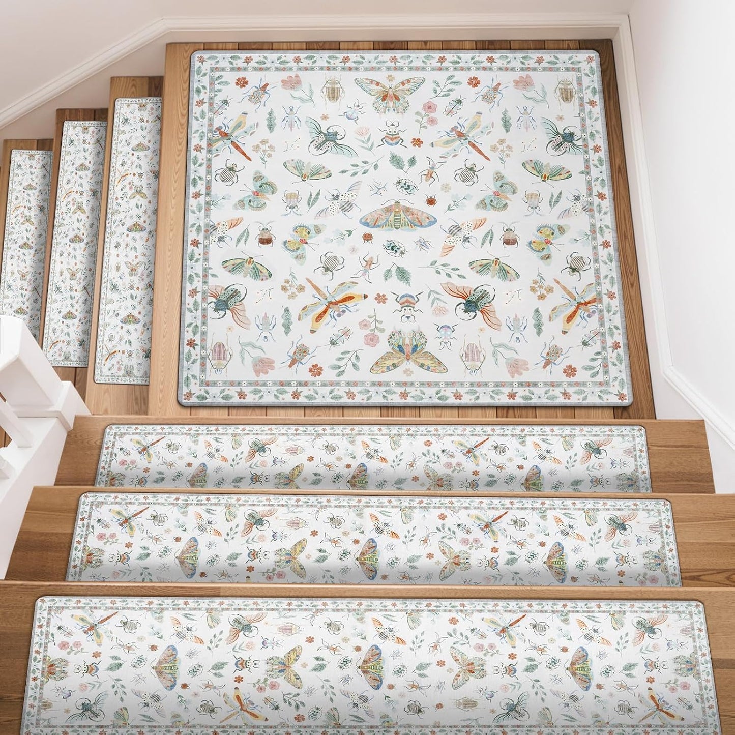 OJIA Insect Print Stair Treads Non Slip Stair Runners for Wooden Steps Indoor, 15PCS 8"x30" Rubber Backing Carpet Treads for Wood Stairs Staircase Step Treads for Kids & Dogs, Stair Covers, Black