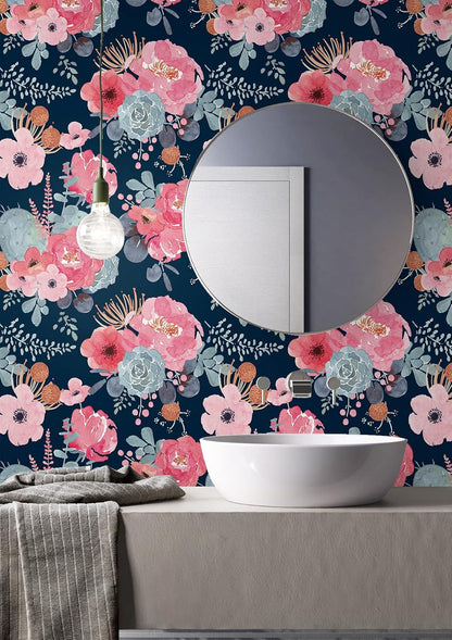 Floralplus Floral Wallpaper Peel and Stick Removable Wallpaper Boho Renter Friendly Dark Flower Wallpapers Contact Paper for Walls Cabinet Bedroom Bathroom Decor 17.5 in x 118 in