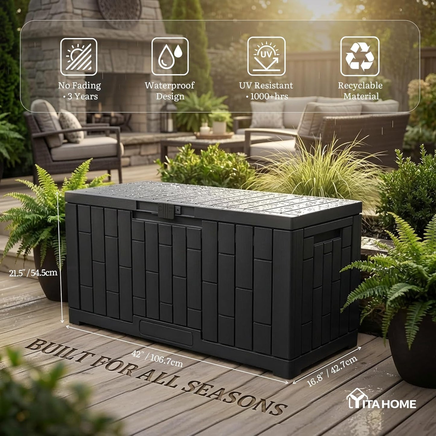 YITAHOME 100 Gallon Large Outdoor Deck Box | Waterproof Resin Storage Box, Lockable Indoor Outdoor Storage Container for Patio Furniture Cushions, Pool Accessories