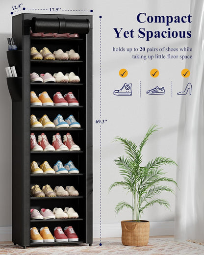 Kitsure Shoe Rack - 10-Tier Large Capacity Shoe Organizer Shelf with Dust Cover & Side Pockets, Rust-Proof Metal Shoe Rack for Closet, Entrance, Living Room, 17.5" x 12.4" x 69.3", Black