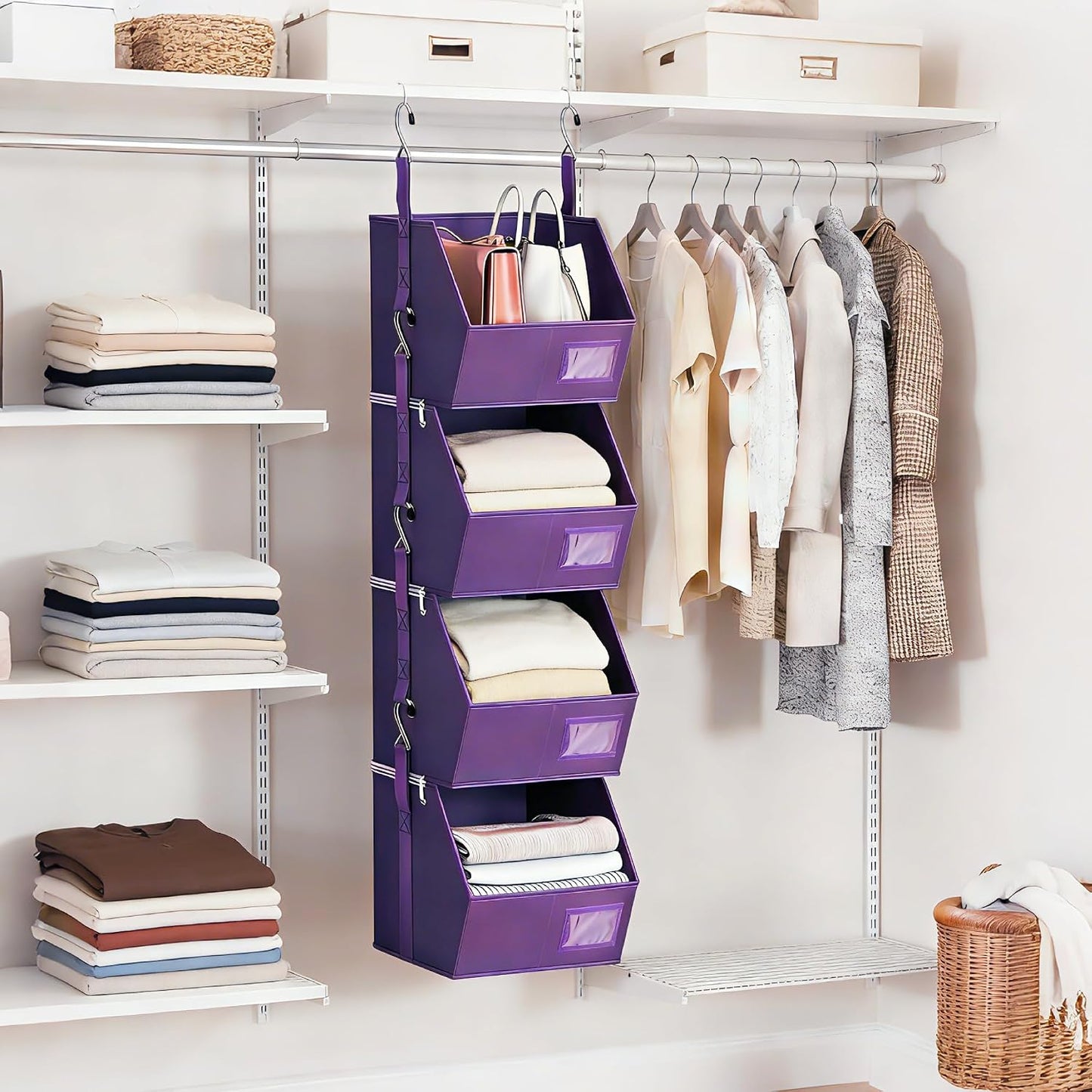 Hanging Closet Organizer 4 Tier, Hanging Shelves for Closet-Hanging Closet Organizer with Stackable Shelves,Versatile Fabric Storage Bins for Bedroom, RV, Nursery,Dorm(Purple)